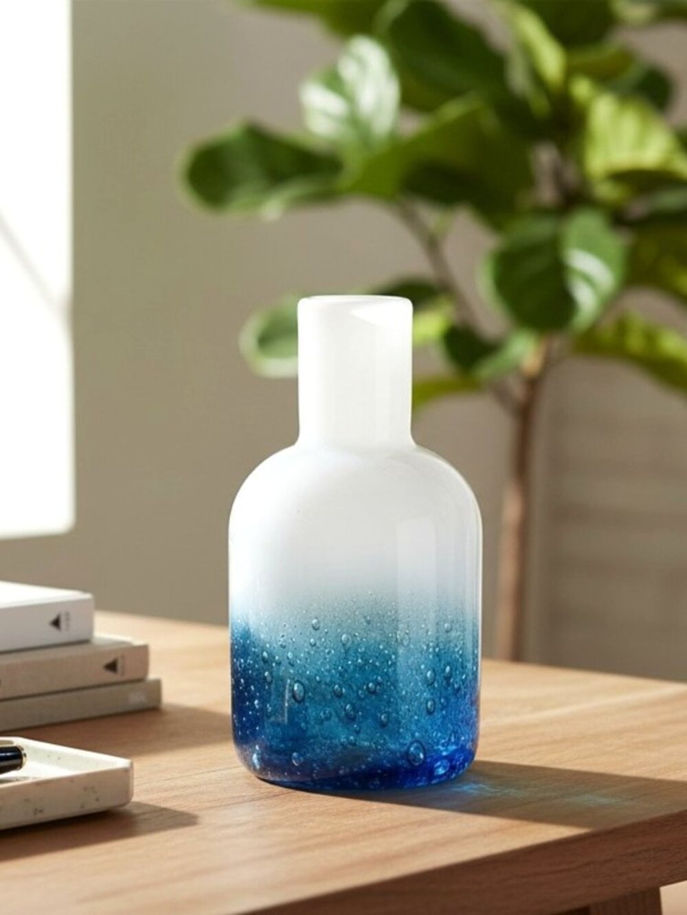 NWOT Hand Made Blue-Green Ombre Bubble Glass Vase/Bottle White Milky Top Half